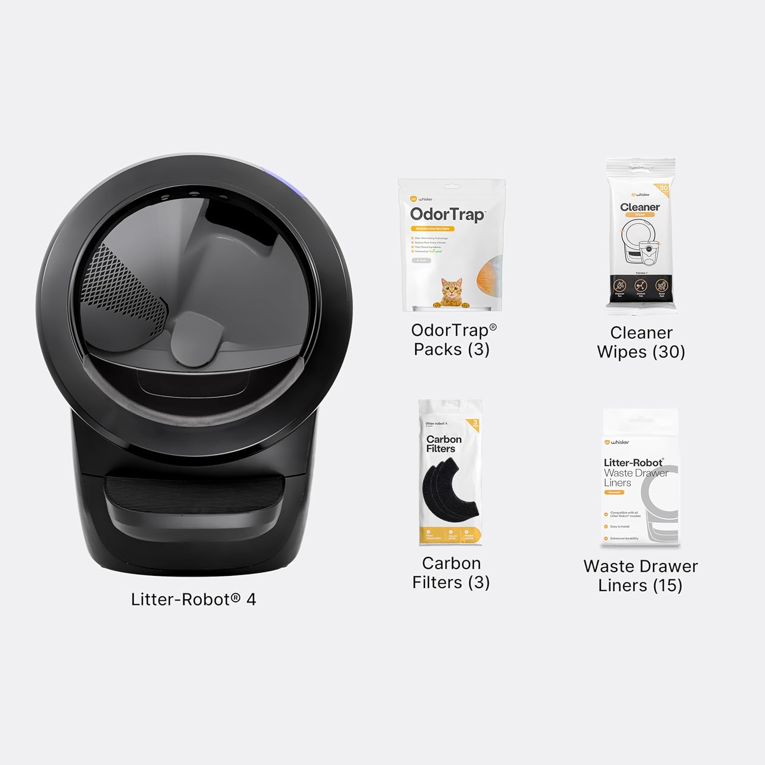 Litter-Robot 4 with labeled accessories: OdorTrap packs, cleaner wipes, carbon filters, and waste drawer liners