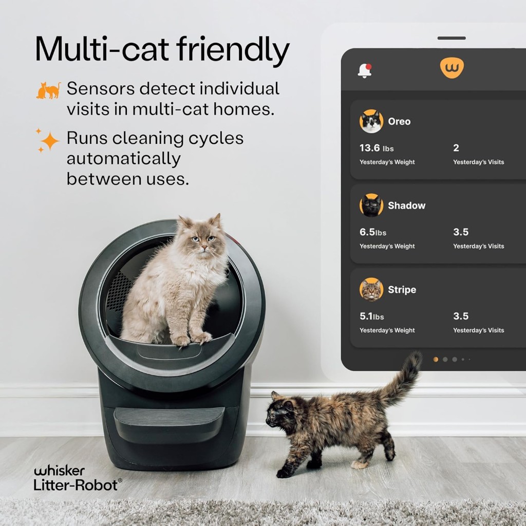 Multiple cats using Litter-Robot 4 with Whisker app showing per-cat weight and visit stats