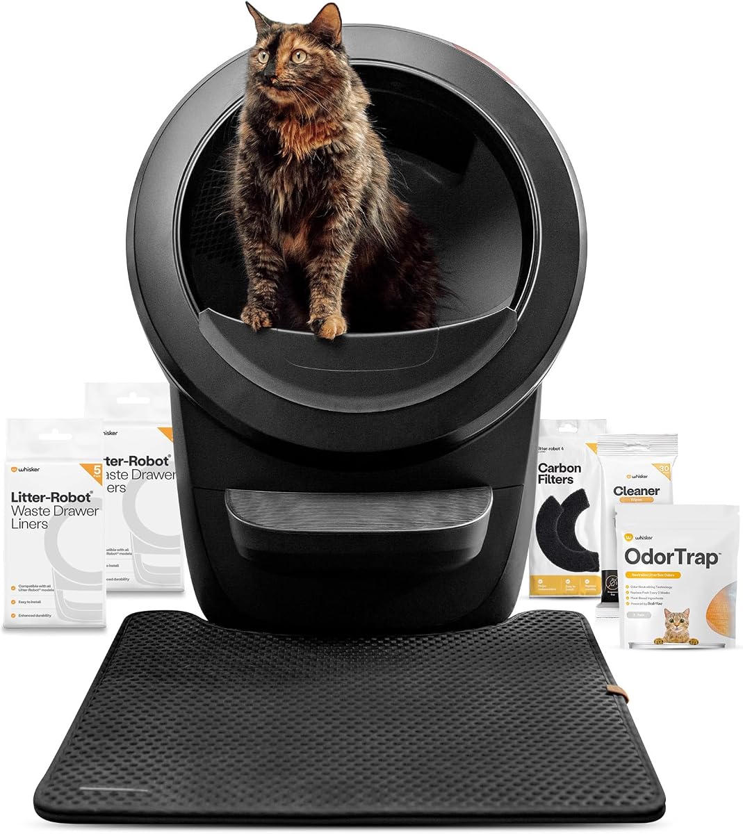 Black Litter-Robot 4 Whisker Core Bundle with a cat, LitterTrap mat, waste drawer liners, carbon filters, cleaner wipes, and OdorTrap packs