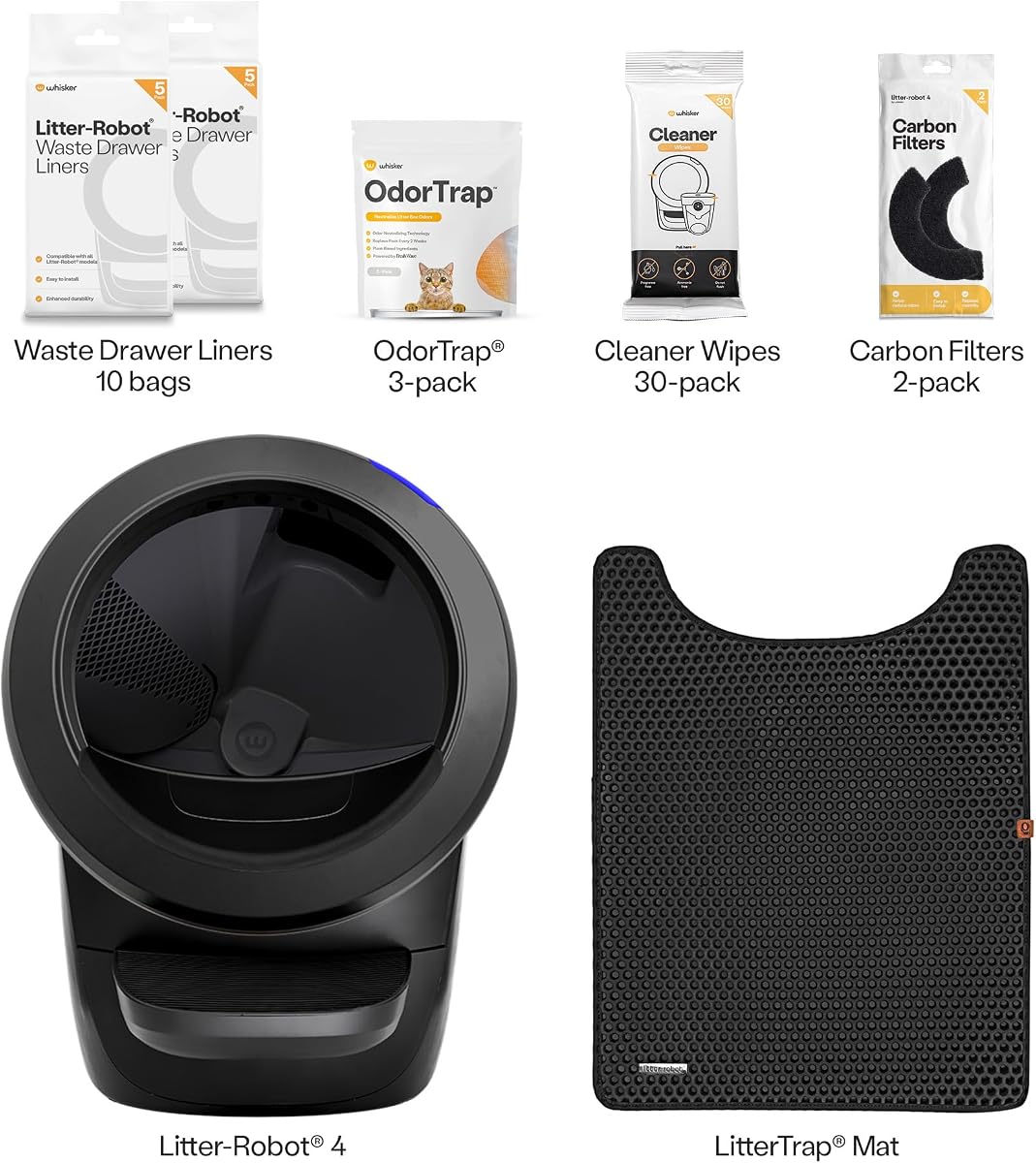 Listing photo of the bundle contents: Litter-Robot 4, LitterTrap mat, 10 drawer liners, 3 OdorTrap packs, 30 cleaner wipes, and 2 carbon filters