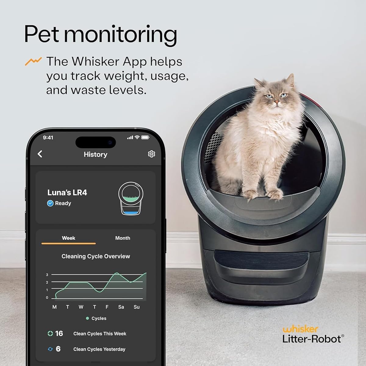 Whisker App cleaning-cycle history beside a black Litter-Robot 4, from the Amazon listing