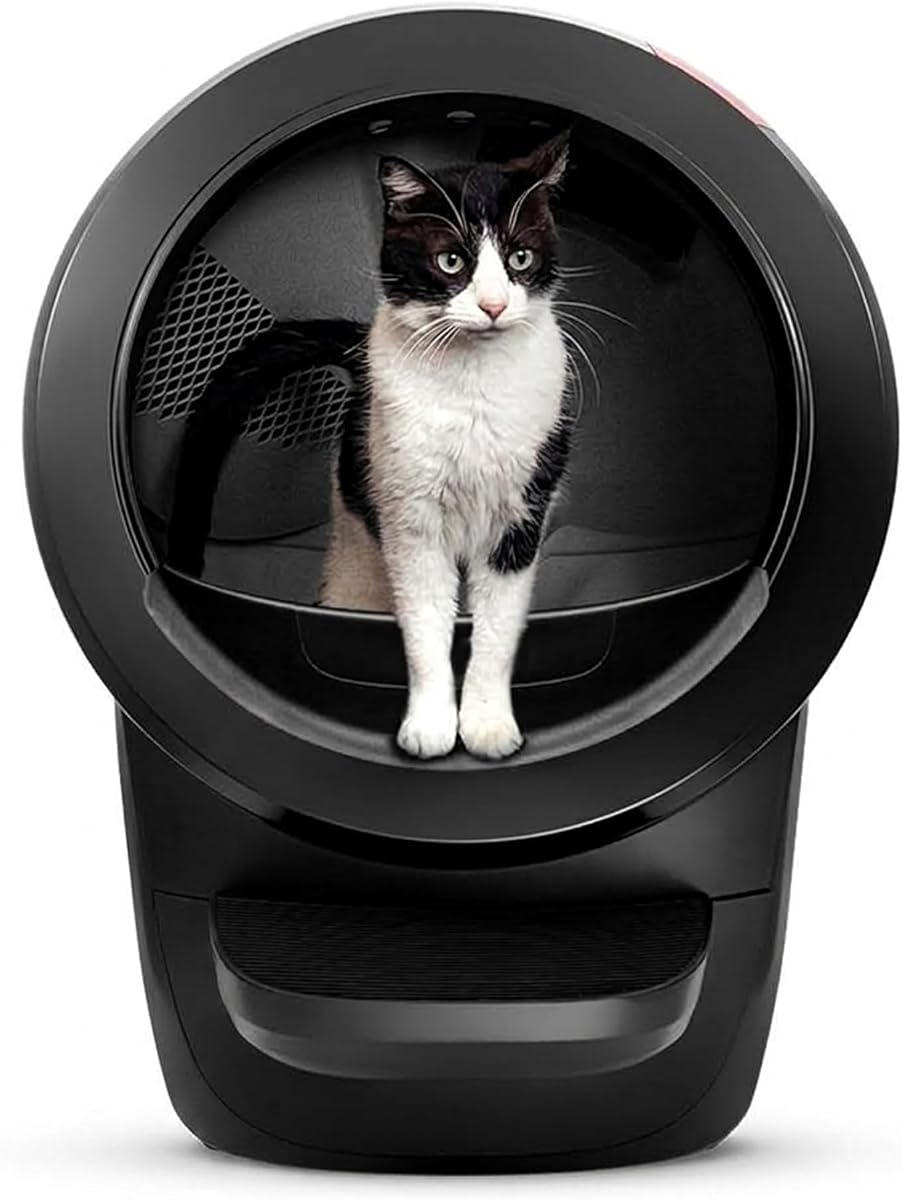 Black Litter-Robot 4 with a cat standing in the globe opening