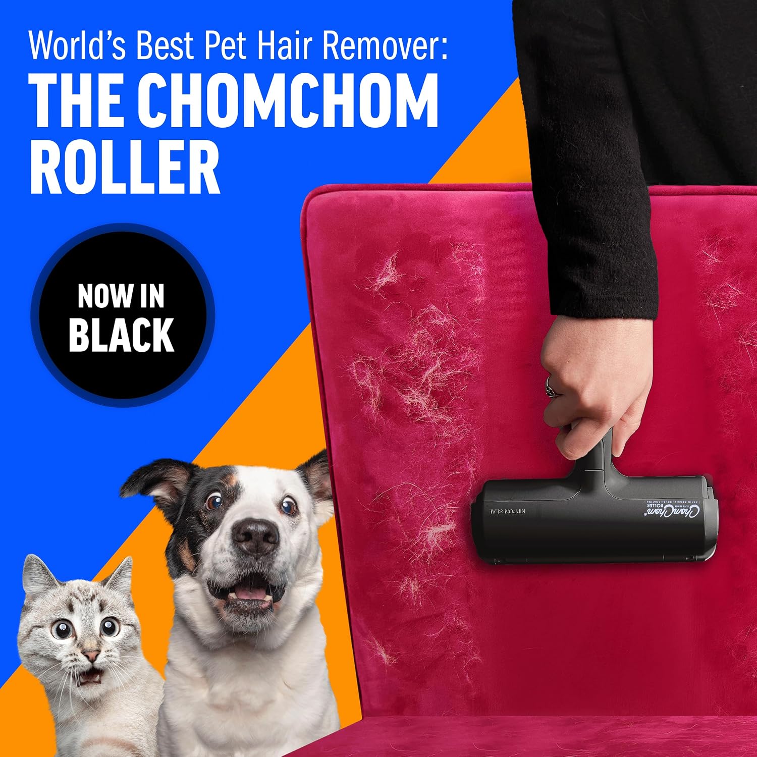 Person using the black ChomChom Roller on a pink chair covered in pet hair, with a cat and dog