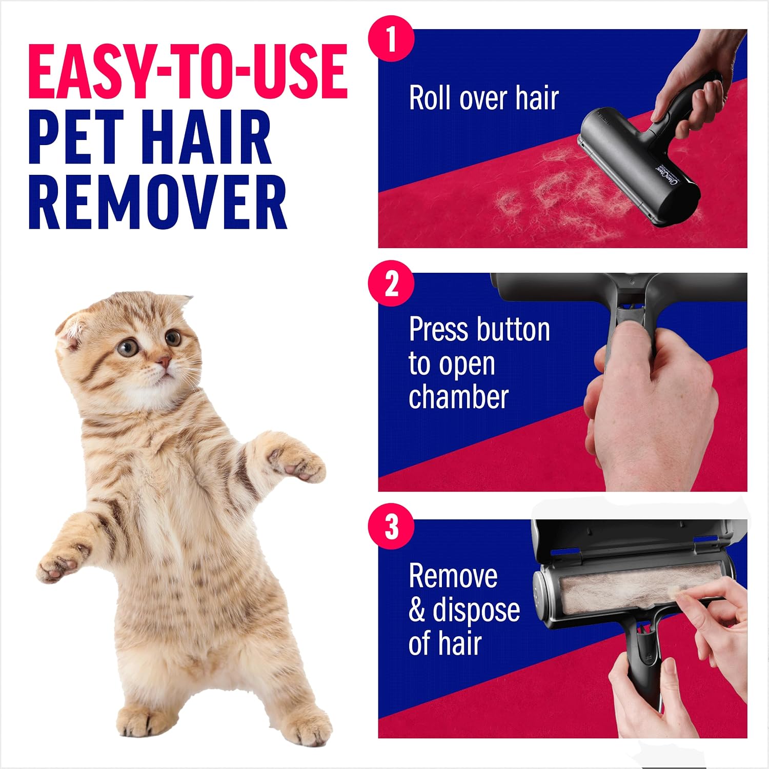 Three steps from the listing: roll over hair, press the button to open the chamber, then remove and dispose of the hair