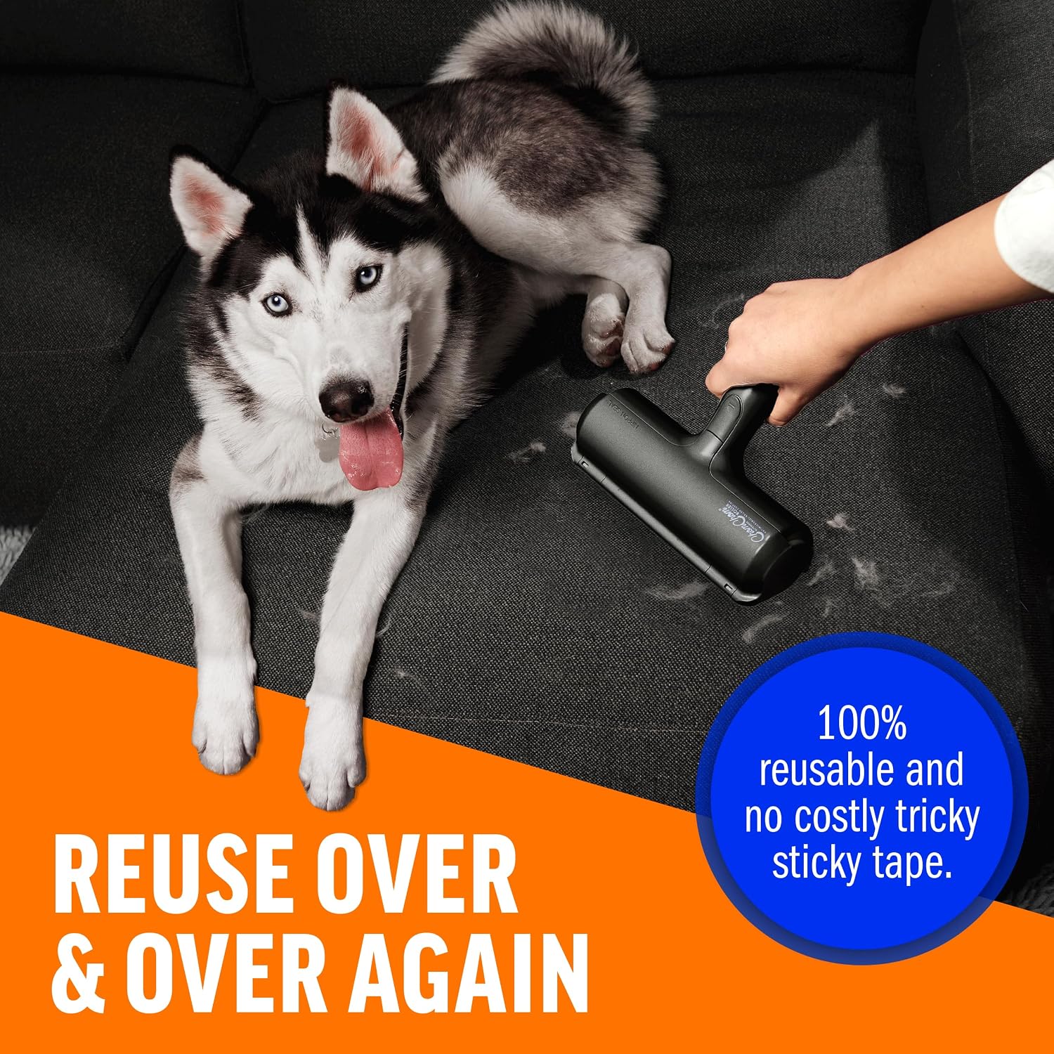 A husky on a couch beside a hand using the black ChomChom Roller, with text that it is reusable and needs no sticky tape