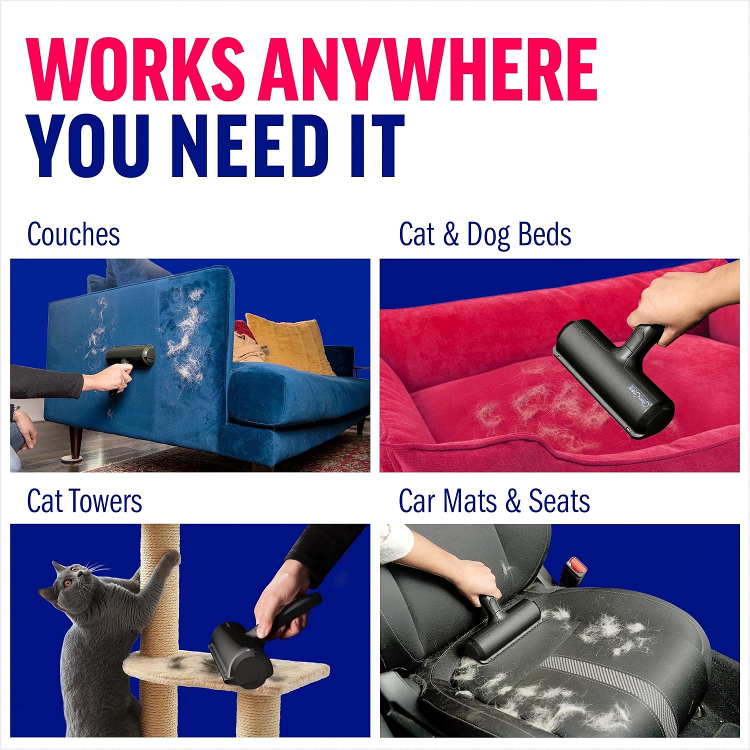 Listing photos of the ChomChom Roller on a couch, a pet bed, a cat tower, and a car seat