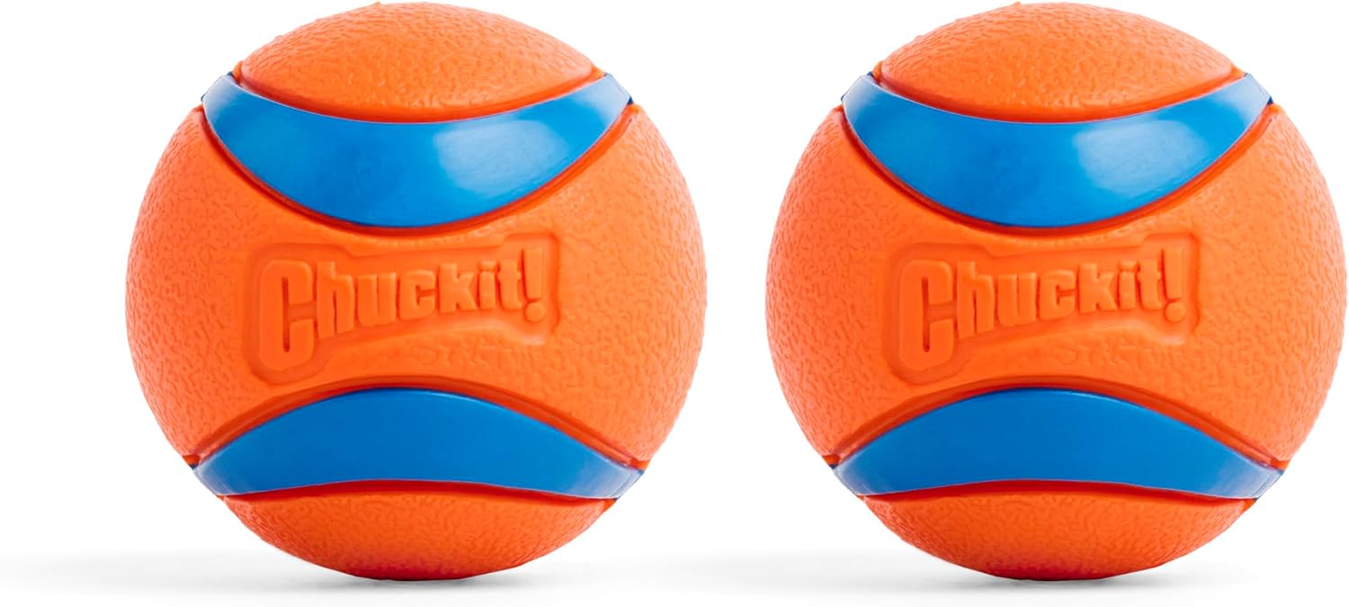 Two orange and blue Chuckit! Ultra rubber dog balls, the medium 2.5-inch 2-pack, from the Amazon listing