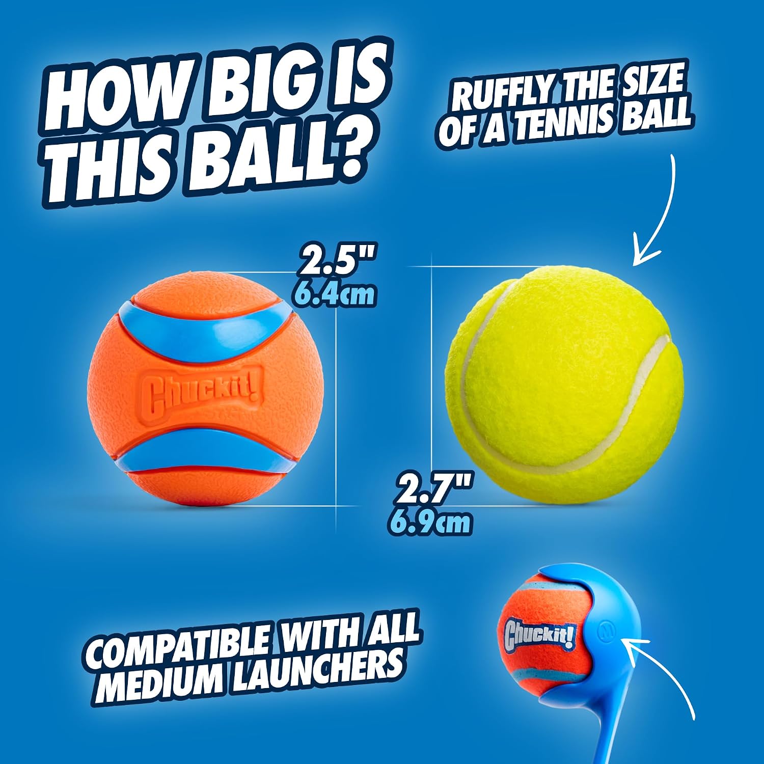 Listing graphic comparing the 2.5-inch Ultra Ball with a 2.7-inch tennis ball, and a medium launcher cup