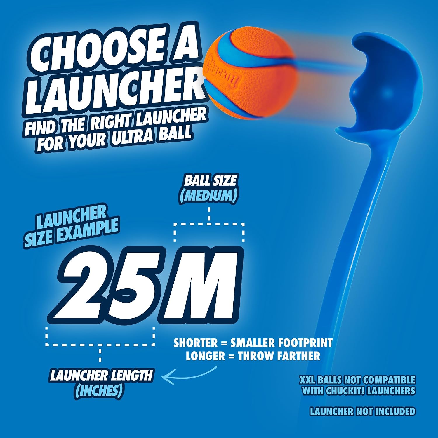 Listing graphic of a medium Ultra Ball leaving a Chuckit launcher, marked 25M, launcher not included