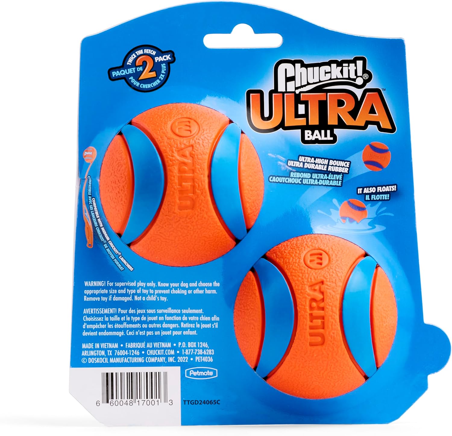 Chuckit! Ultra Ball 2-pack retail card showing two orange balls, ultra-high bounce, and that the ball floats