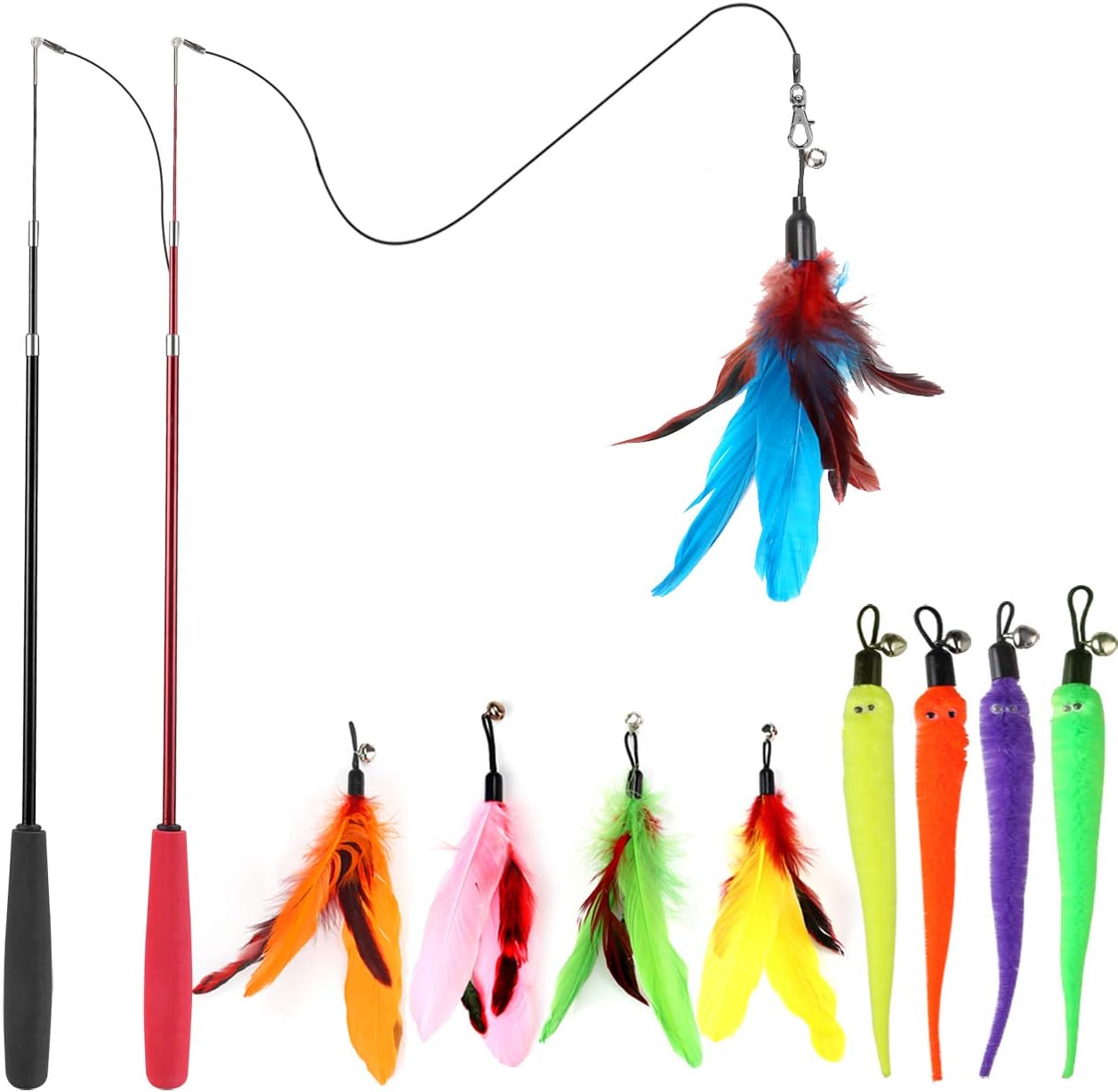 MeoHui listing photo of two telescopic cat wands, five feather refills, four worm refills, and a wand with a blue feather and bell