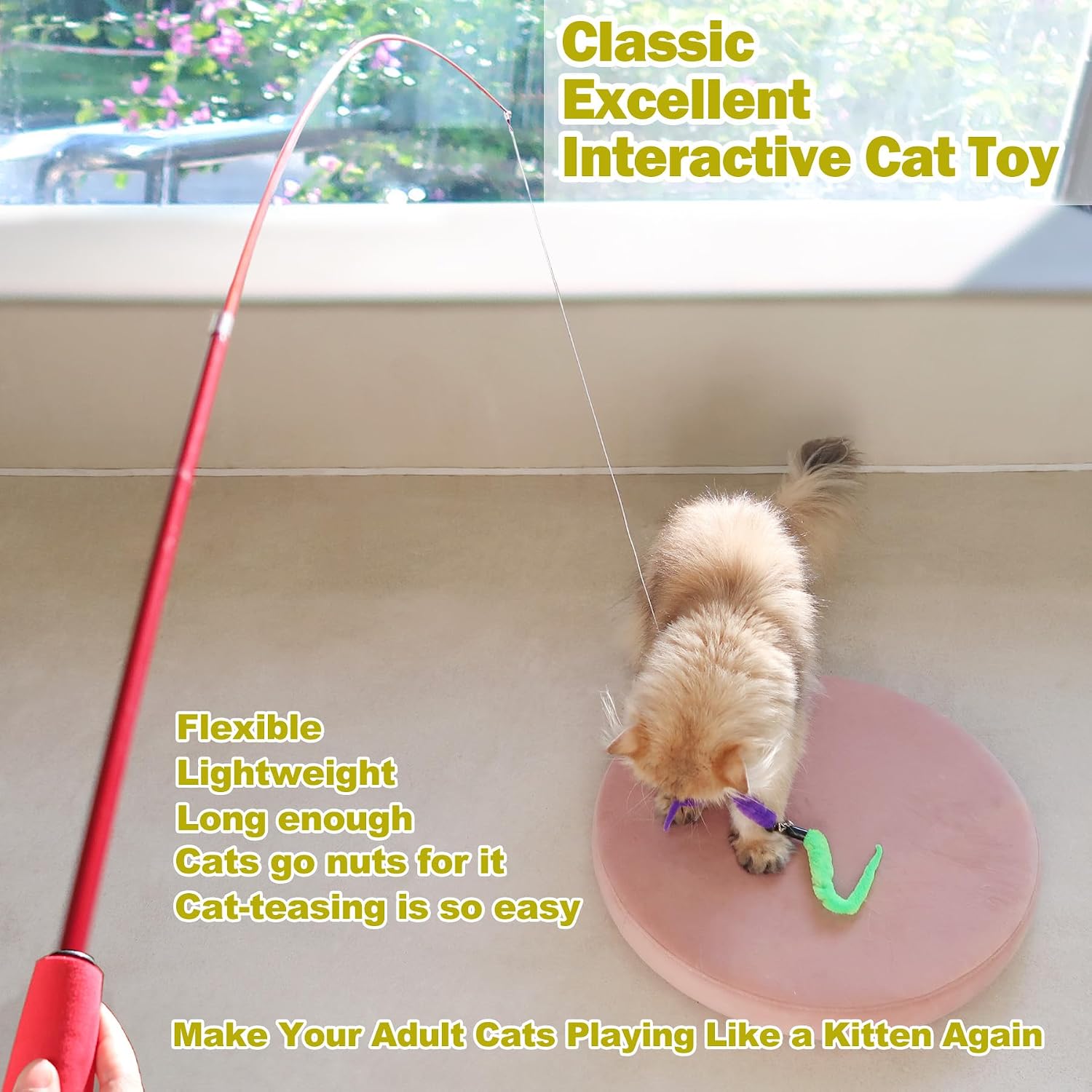 A cat on a round cushion batting a purple and green worm on the extended red MeoHui wand