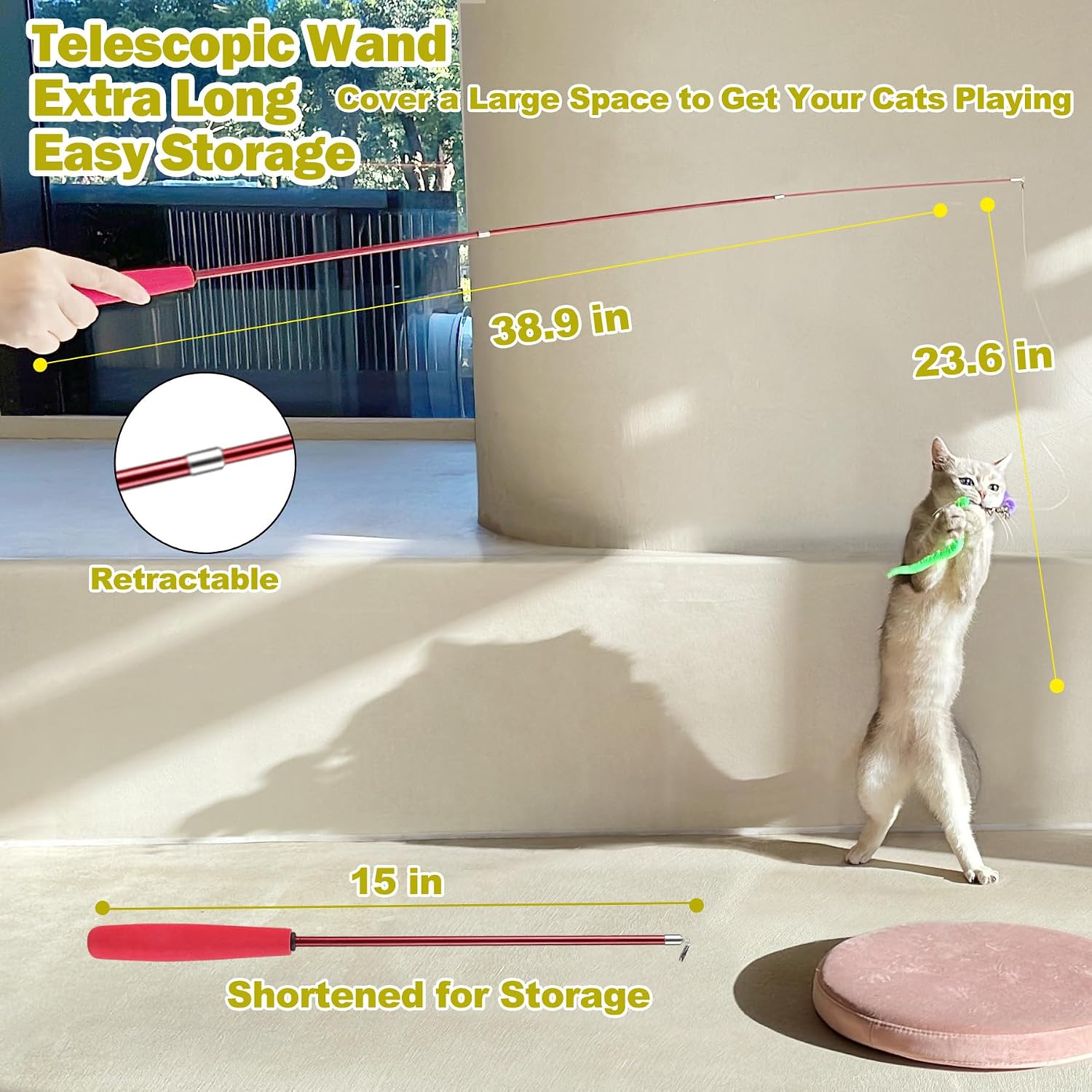 Listing diagram of the MeoHui wand extended to 38.9 inches, a 23.6-inch string, and the wand shortened to 15 inches