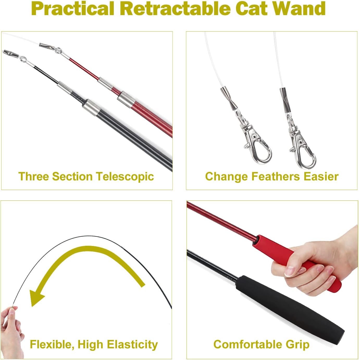 Four listing close-ups: three-section telescopic poles, metal clasps, a flexible string, and the foam grip