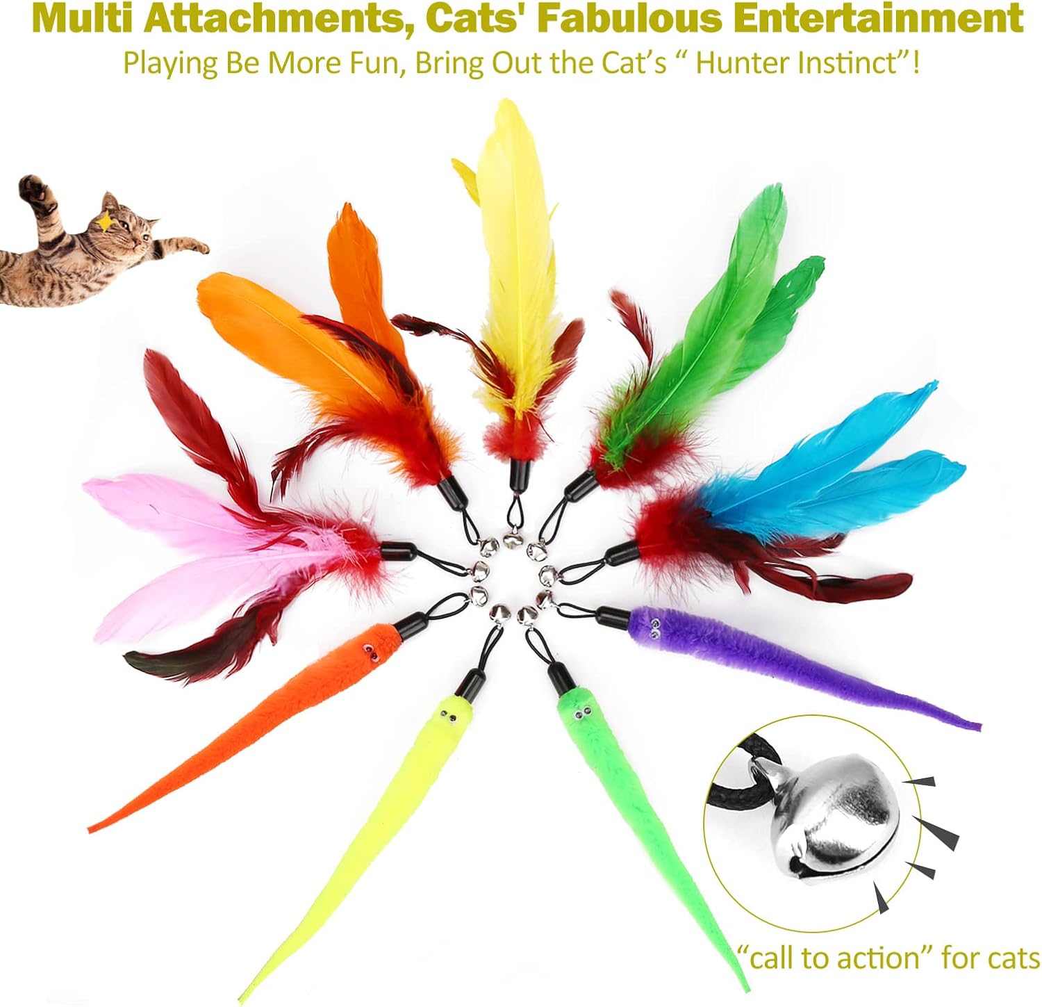Nine MeoHui feather and worm attachments arranged in a circle, each with a small bell