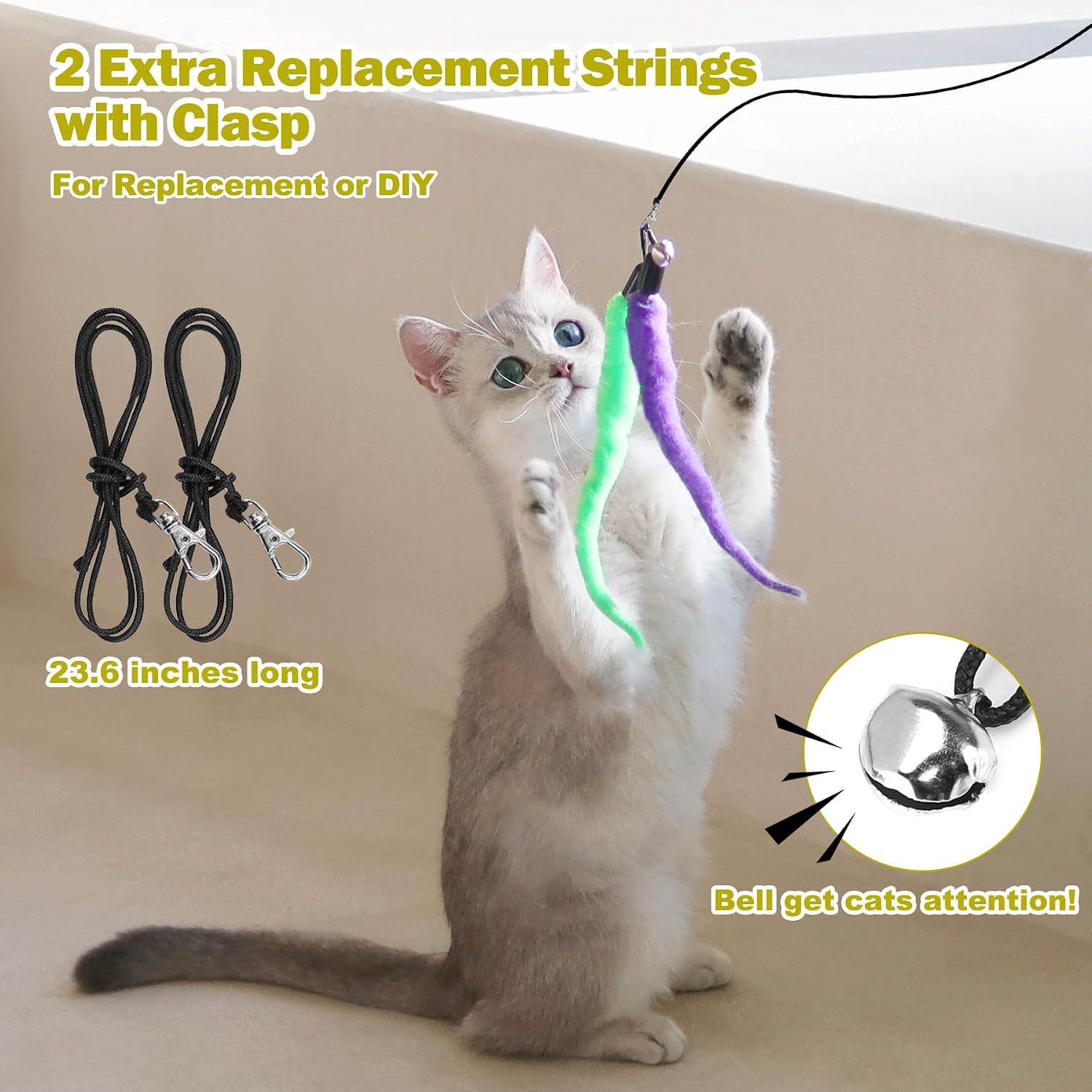 Two extra 23.6-inch replacement strings with clasps beside a cat reaching for green and purple worm toys