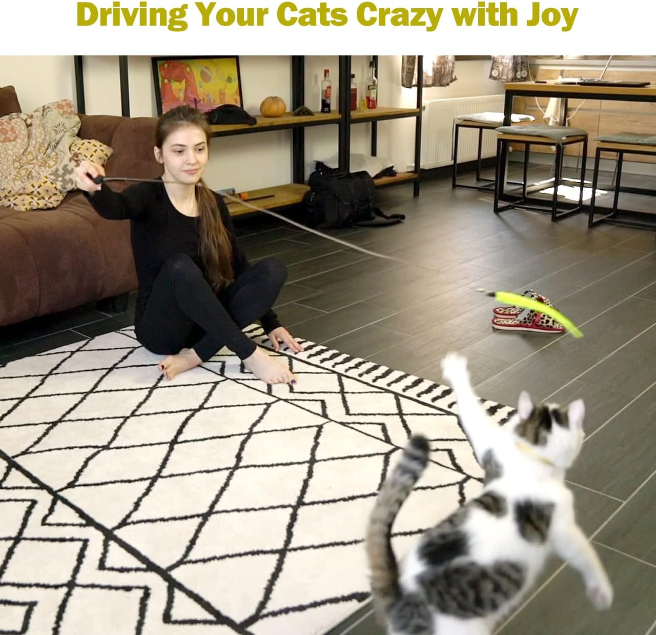 Person seated on a rug holding the wand while a cat jumps at a yellow worm toy