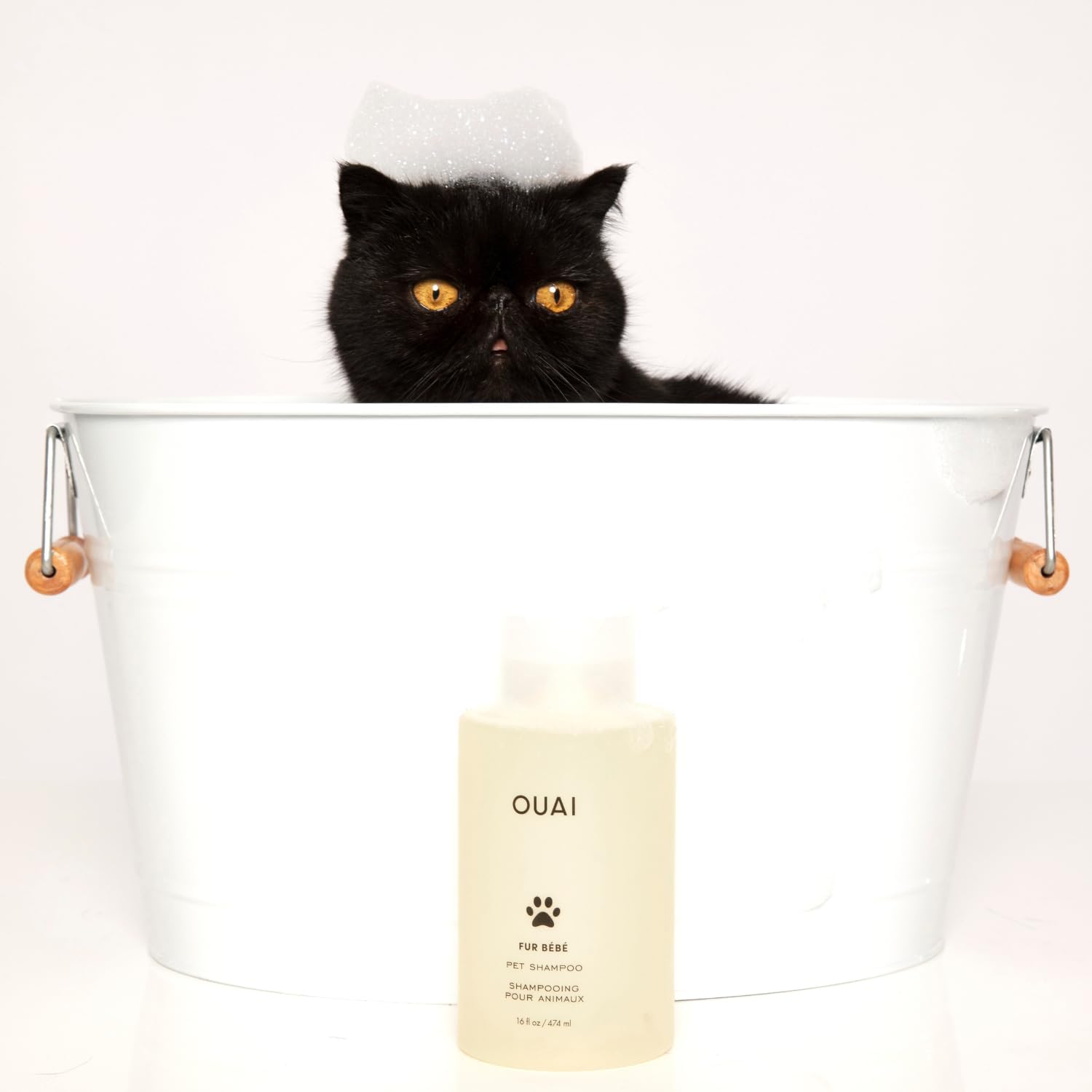 Black cat in a white tub with suds, and an OUAI Fur Bébé bottle in front